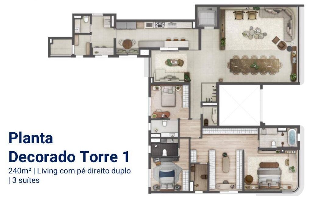 Living com pé direito duplo | 3 suítes