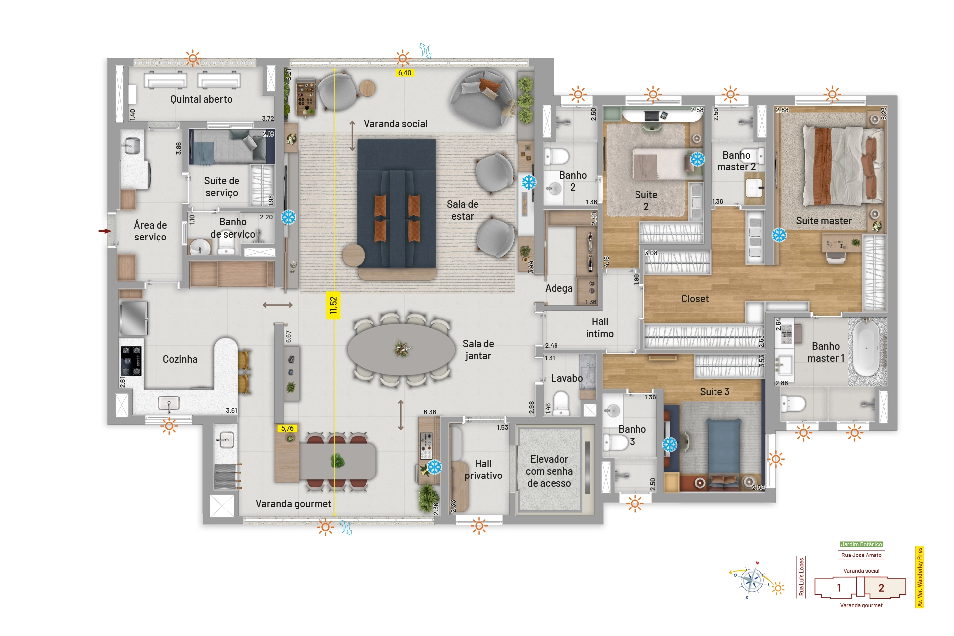 Apartamentos de 3 e 4 suítes sociais mais suíte de serviço, com duas varandas e ventilação cruzada.